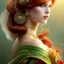 Placeholder: woman, feathers, 50th century, dress, red hair, green dress, elegant, whimsical, portrait, fantasy, highly detailed, digital painting, artstation, concept art, sharp focus, illustration, art by artgerm and greg rutkowski and alphonse mucha