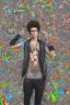 Placeholder: Rapper with glasses on, tattoos and piercings, afro hair and baggy pants. Graffiti wall in background