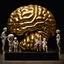 Placeholder: a huge golden inflated sculpture of brain supported by very small beautiful Asian female human bodies,complex surgical instruments,a newborn boy between light and shadow, black background,surrealism, symbolism, minimalism, sculpture by Lucian Freud, Rene Magritte, Salvador Dali