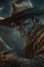 Placeholder: Bosch nightmares painting style Title: " cowboy holding knife towards you “ insanely detailed octane render trending on artstation, 8k artistic photography, photorealistic concept art, soft natural volumetric cinematic perfect light, chiaroscuro, award-winning photograph, masterpiece, oil on canvas, Raphael, Caravaggio, Greg Rutkowski, people, beksinski, Giger