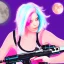 Placeholder: cute cyborg, white and pink hair, with a laset gun, under an alien moon, misty, realistic,