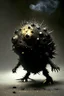 Placeholder: Solid spherical creature, four black eyes, very small mouth, lighting body, The creature is iron, without dots, wearing worrier shoes, smoke from the head, high details, stunning realistic photograph