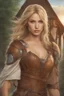 Placeholder: A beautiful woman with blond hair. Brown leather armor.