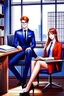 Placeholder: create a wattpad cover of a handsome boss and a beautiful secretary, hd, ultra realistic, aesthetic, manhwa style, the handsome boss sitting on the chair with table and besides the beautiful secretary