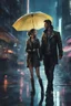 Placeholder: Science fiction, cyberpunk, city street, couple girl and guy, together, love at first sight, rain, no umbrella