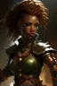 Placeholder: Female air genasi from dungeons and dragons, ranger, wind like hair, wearing hot leather clothing that also looks studded, woman of color, realistic, digital art, high resolution, strong lighting