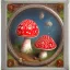 Placeholder: Red large Amanita muscaria mushrooms in a silver basket , Patchwork art