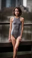 Placeholder: beautiful anorexic young woman, total shot, grey triathlon swimsuit, short brunette wavy bob hair, blurred city background