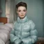 Placeholder: Actress audrey hepburn, blue, autochrome, plastic puffy jacket, in a bedroom