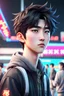 Placeholder: 2 cute Asian guy, Anime gamer boy, 20 years old, model looks, black eyes, beautiful, handsome, Wednesday Adam in 8k anime cgi drawing style, Adam family them, neon effect, close picture, highly detailed, high details, detailed portrait, masterpiece, ultra detailed, ultra quality, side view, standing at the airport in China, full length