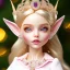 Placeholder: close up on elf as dollie deluxe, bright eyes, post card, toy train, two big front teeth, skin imperfection, worn skin, white teeth, princess tiara