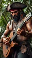 Placeholder: ultra HD shot of a strong pirate of the Caribbean man playing the guitar , textured copper skin, tribal jewelry, large, Background of the figure in a jungle environment.