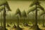 Placeholder: An olive green forest with tribal huts painted by Caspar David Friedrich