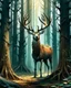 Placeholder: deer with antlers standing looking at viewer, patronus, among tall tree trunks