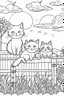 Placeholder: coloring page for kids, Cats on a fence, cartoon style, thick lines, low detail, no shading