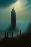 Placeholder: A silent monolith descending from the sky,pointing down at ancient ruins,flock of robed cultists praying,deep shadows, cinematic lighting,in the style of Zvidslav Beksinski, ominous fog in distance