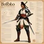 Placeholder: character concept sheet with AD&D statistics and characteristics, [high res photo by Norman Rockwell for Bushido] a female medieval warrior adopt a position close to the Japanese Mahami No Nekoashi Dachi (Kokutso Dachi), moving to squat with legs bent, stretching out his arms, one forward with his sword, the other backward, so that the lower part of his body with the folds of his combat robe resembles a fan turned downward