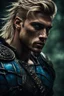 Placeholder: Muscular Alpha male with dirty long blonde undercut hair, and piercing blue eyes. Dark Fantasy dark forest background photo realistic