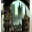 Placeholder: Skyline Gothic bridges between building,Bridges on rooftops, Gotham city,Neogothic architecture, by Jeremy mann, point perspective,intricate detailed, strong lines, John atkinson Grimshaw