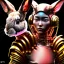 Placeholder: Medium Close Up Portrait, Front image. cyberpunk Asian woman, pink short hair. rabbit mask, latex suit. Red, black, gold, color. Punk style. Gradient background, highly detailed, concept art, smooth, unreal engine 5, god rays, ray tracing, RTX, lumen lighting, ultra detail, volumetric lighting, 3d, finely drawn, high definition, high resolution.