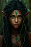 Placeholder: Wood elf druid female. Hair is long and dark green and black some dreads and vines comes out from it. Eyes are noticeably dark green color. Has a green markings on face. Skin color is brown.