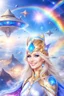 Placeholder: cosmic woman smile, admiral from the future, one fine whole face, crystalline skin, expressive blue eyes,rainbow, smiling lips, very nice smile, costume pleiadian, Beautiful tall woman pleiadian Galactic commander, ship, perfect datailed golden galactic suit, high rank, long blond hair, hand whit five perfect detailed finger, amazing big blue eyes, smilling mouth, high drfinition lips, cosmic happiness, bright colors, blue, pink, gold, jewels, realist, high,rainbow commander, intergalactic ufos