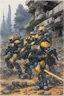 Placeholder: Masamune Shirow, pencil colour drawing of a squad of bioroids in operation on the ground, surrounded by ruins; Appleseed interior page, 1987