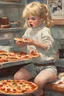 Placeholder: full color anime - a tiny little blonde girl in shorts and a turtleneck sweater eating a slice of pizza - digital art by Norman Rockwell