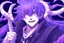 Placeholder: anime man with ram horns, fangs, messy purple hair and blue eyes