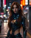 Placeholder: Full length image Full body Beautiful woman super model brown long hair wearing earphones science fiction style humanoid half with full body cyborg mechanicals and cybernetics lights,she on walking city night street background