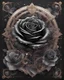 Placeholder: A complex 3D drawing of a steampunk black rose, floating between cosmos, clear lines with a border of black roses and crystals, full color