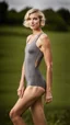 Placeholder: anorexic beautiful girl, age 21, total shot, short silver triathlon swimsuit, blonde wavy bob haircut, grey background