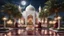 Placeholder: Hyper Realistic people praying outside Beautiful-Decorated-Huge-White-Brick-Mosque with maroon-marble-flooring & Beautiful-Garland-Light-&-Decorations surrounded by a beautiful garden-&-Water-Fountain at beautiful dark night with full-moon & cloudy-sky