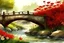 Placeholder: Vista lateral de un puente sobre un arroyo, flores rojas en la orilla, fantasía medieval, alto nivel de detalles, dibujo en acuarelas