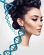 Placeholder: a woman smiling face, close eyes, pastel peach colors, DNA molecule hair thread imitation