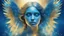 Placeholder: beautiful sad woman angel, double exposure in fantasy style, blue, gold, sparkles, fine rendering, bright colors, photorealism, 3D, with acrylic elements