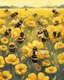 Placeholder: bees on hives on a yellow flower field, abstract illustration