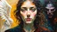 Placeholder: old worn postcard, Portrait Light and darkness in one person, angel and demon in one person, abstract art additional colors small details,