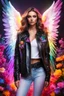 Placeholder: Gorgeous Realistic Photography Super Model European Beautiful Woman as Angel with clothing abstracts flowers luxury casual leather jacket dressing painting art neons rainbow colors glowing in the dark and colorful details, light leaks boleh colors,flowers background