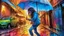 Placeholder: Comic style, A rainy evening in a city, where a female Hispanic artist is seen painting a vibrant mural under an umbrella, with reflections of the colorful artwork shimmering on the wet pavement., pastel, soft tones, blurry, muted colors, long exposition motion blur, graphic illustration, comic art graphic novel art, highly detailed