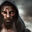 Placeholder: mysterious, black man, long curly black hair, scar on eye, hooded, post-apocalyptic, realistic, intriacte detail, sci-fi fantasy style, volumetric lighting, particales,highly detailed,cinamatic, deep colours,8k