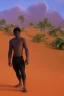 Placeholder: 3D render of a cyberpunk tribal young black man, black afro hair, ragged shirt, on a orange dune background, digital art