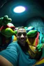 Placeholder: Super realistic 9:16 3D vertical format fisheye selfie with me with Teenage Mutant Ninja Turtles. They appear like in 1990 original movies. We look so cool. Laid in a dim little room, like in a sewer. High camera angle. Extreme fisheye distortion. Realistic cinematic lighting, characters integrated with stylish realism. Make them very realistic and in 3D