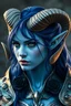 Placeholder: The captivating Elven woman with light blue skin and ram-like horns on her head with a powerful allure. Her nature is seductive and she wears armor of light metallic silvery plates, decorated with black roses upon them. He Indigo hair cascades down her neck and the sides of her face with a powerful seductive alluring face. Her eyes are a powerful emerald green.