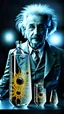 Placeholder: Albert Einstein, detailed and intricate calligraphy ink painting of a "cyborg Mad Scientist" holding beakers, outer space Background cosmic fractals, dystopian, concept art, unreal engine 5, god rays, ray tracing, RTX, lumen lighting, ultra detail, volumetric lighting, 3d, finely drawn, high definition, high resolution. award-winning: professional portrait: atmospheric: commanding: fantastical: clarity: 16k: ultra quality: striking: brilliance: stunning colors: amazing depth: masterfully crafted