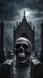 Placeholder: In the center on a dark black background lies a skull against the backdrop of a gothic cemetery at night, rain, creepy frightening atmosphere, horror style, detail, gray tones