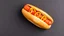 Placeholder: A hot dog sandwich with mustard and ketchup on a black background