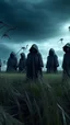 Placeholder: A group of scary large black hooded evils figures with glowing white eyes looking at you in the background and out of this world galaxy in a blue and gray cloud of stormy weather a many sticks fixed ultra hi quality picture with cinematic science, tragedy, a small black birds far in hovering in the horizon in the big field of grass near front view