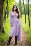 Placeholder: full body standing beautiful 20 year old girl with ash brown hair and blue eyes with her long hair down,curvy body , boobs, wearing a sleeved shirt and nice sarifon dress, and lilac long leggings, with long black boots full body shot,country side among trees