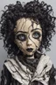 Placeholder: full color, closeup illustration of a dark, menacing, curly haired, black clad motorcycle girl, as a decayed, broken, crude homemade cloth doll toy, with a cracked porcelain face, thick dark eyebrows, hair made from ragged strips of cloth, in the style of Alex Pardee, Tim Burton, and Nadya Sheremet